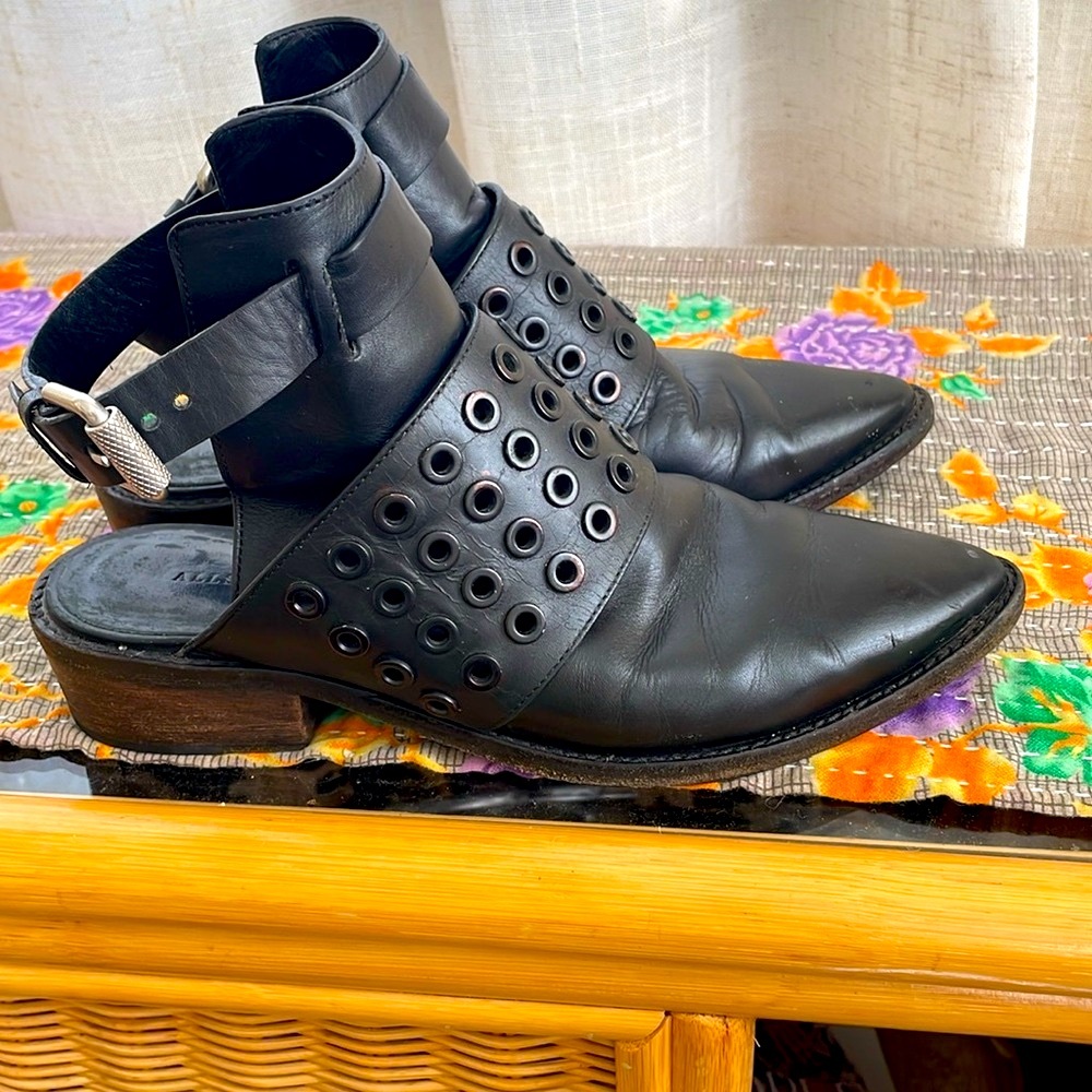 All Saints Black Leather Grommet Cutout Ankle Boots size 39/8.5